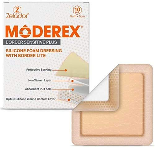 Silicone Lite Schaumstoff-Verband (Moderex Border Sensitive Plus) mit Rand für leicht bis mäßig nässende Wunden für empfindliche Haut, 10 x 10 cm