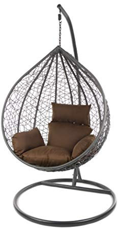 KIDEO Komplettset: großer Hängesessel mit Gestell & Kissen, Korbsessel, Poly-Rattan (Korb & Gestell: grau, Kissen: Dunkelbraun Nest (7790 Chocolate))