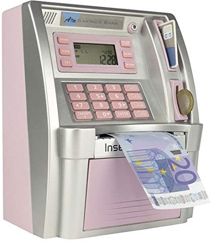 LB Geldbank Geldautomat für Kinder Sparbank Elektronischer digitaler Geldautomat Spardose für Münzen und Scheine,Mini Sparschwein,Rosa(Euro Version)