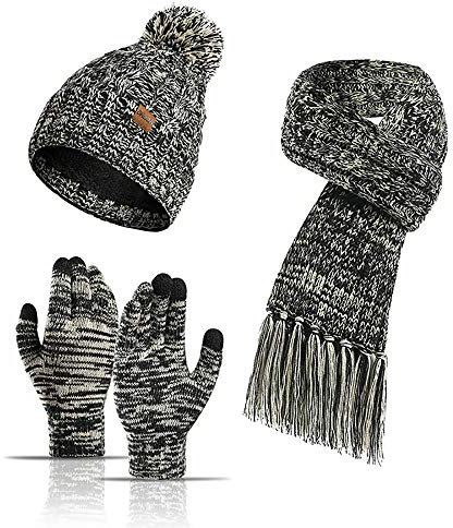 Lot de 3 bonnets, écharpes et gants d'hiver chauds en tricot polaire pour écran tactile - Bonnet et bonnet de ski, noir, universel