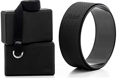 Relexit Yoga Rad Set 4 in 1, Rückenroller bei Rückenschmerzen, Yoga Block 2 Packungen mit Yoga Gurt, Perfekt zum Dehnen, Verbesserung der Flexibilität und Rückenbeugungen, Schwarz