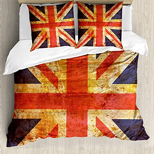 ABAKUHAUS England Bettwäsche Set für Doppelbetten, Union Jack Motiv Grunge, Weicher Microfaserstoff Allegigeignet kein Verblassen, Nachtblau Zinnoberrot