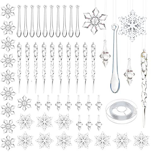 50 Stück Weihnachtsdekoration Acryl klar Eiszapfen Schneeflocke Weihnachtsbaum Anhänger Ornamente Sets mit Kristalllinie (Stil1)