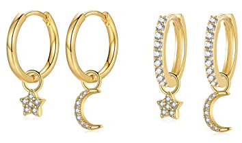 Creolen Gold Klein mit Anhänger Zirkonia Mond & Stern für Damen Mädchen Frauen | Ohrringe Gold Creolen Set Huggie 14K Vergoldet Hängend Ohrhänger