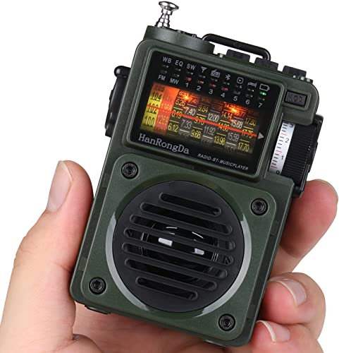 HanRongDa - Radio de onda corta, altavoz Bluetooth compatible con MicroSD, receptor FM, MW, WB SW, con alertas NOAA y temporizador de sueño, radios analógicas retro recargables con retroiluminación y