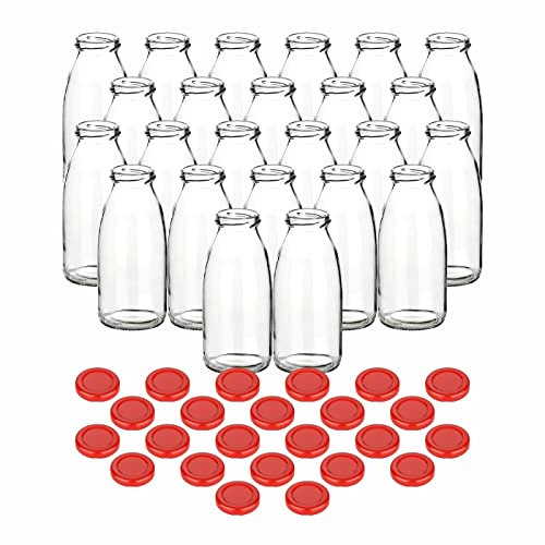 gouveo Set di 24 bottiglie di succo da 250 ml con tappo a vite rosso – bottiglia di vetro da 0,25 l con tappo TO43 – Bottiglia vuota da riempire con succo, frullato, fatto in casa