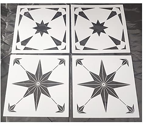 HELLATHUND 4Pcs Reusable Tile Stencils 12x12, Concrete Stencil for Patio, Large Stencils for Painting Floors, Wall Stencils for Painting, Stars and Jewel Stencil Pattern