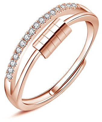 Hasnsofie Silber Damen Anxiety Ring 925 Sterling Silber Angst Ringe, Offen Rose Gold Zirkonia Angst Spinning Ringe, Verstellbar Fidget Spinner Ring Anti Stress Ring Stimmungsring Dekompressionsring