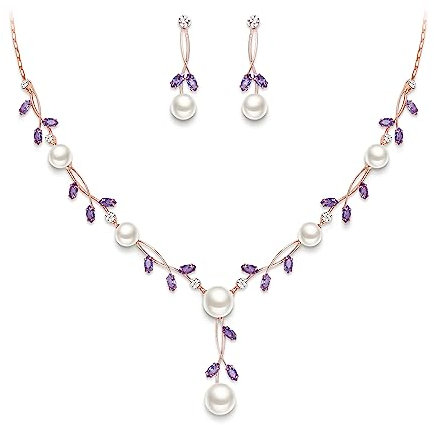 Ever Faith Bridal Pearl Jewelry for Bride CZ Purple Crystal Simulated Pearl Floral Vine Filigree Necklace Earrings Set Rose Gold-Tone