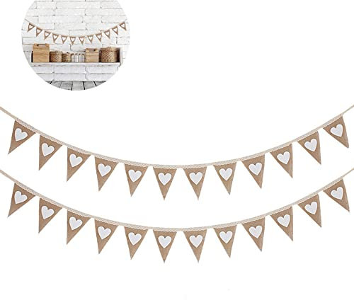 5.5 Meter Sackleinen-Wimpelkette, weiße Liebesherz, rustikale Jute-Banner, Spitzenriemen, Stoff, Dreiecksflaggen, Party-Dekoration für Hochzeit, Geburtstag, Weihnachten, 24 Stück (in 2 Stück)