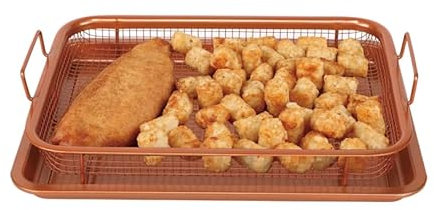 New 2 Pieces Non Stick Oven Crisper Tray Set Elevated Copper Grill Tray for Crunchy Crisps Food Cooking Baking Crisping Basket for 360° Heat Air Circulation Even Healthy Oil Fat Free Home Cooking