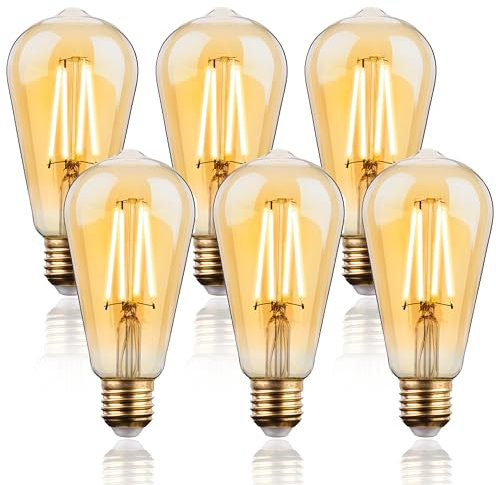 FLSNT LED Edison Bulb E27 Vintage Light Bulbs,Dimmable 7W Filament Screw Bulb,Retro Lamp,ST64,60W Equivalent,Warm White 2700K,6 Pack