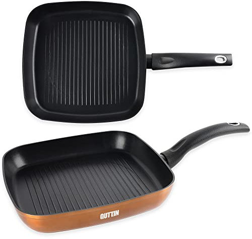 Quttin Sarten Asadora Antiadherente Aluminio con Revestimiento Resistente. Cacerola de Aluminio Forjado con Tapa de Cristal. Aptas para todo tipo de Cocinas. Modelo Foodier Oro 28 cm