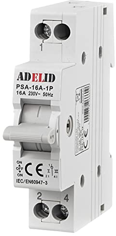 ADELID Wahlschalter-Umschalter 1-0-2 16A 1-polig | Reiheneinbau für TH35-Hutschiene | 240/415V 50/60Hz | Kabelquerschnitt 1-16 mm² | IP20 Schutzklasse | Elektrische Lebensdauer 1500 Zyklen