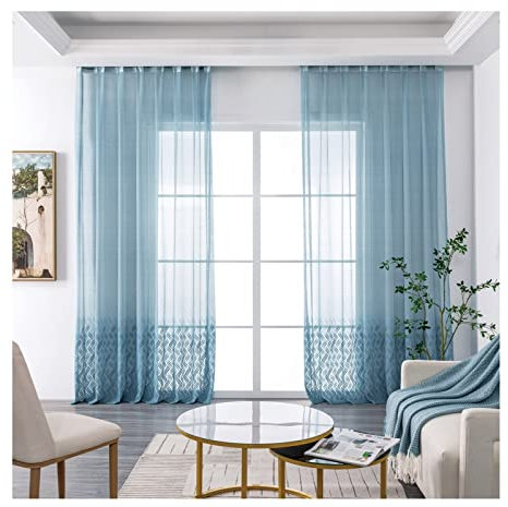 Aotiwe Küchenvorhang Retro, Schlaufenschal Blau Transparente Ozeanwelle Polyester 2 Stücke 132X214cm