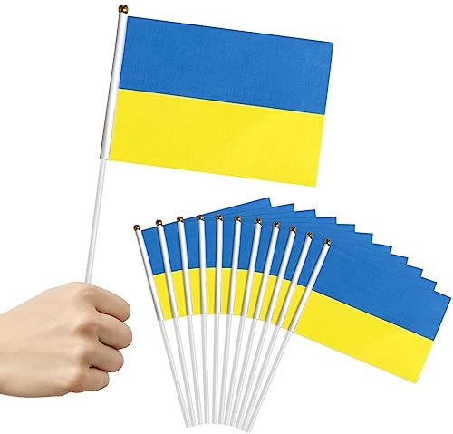 Kleine Ukraine Flagge 20 Stück Mini Flaggen Ukraine mit Pfosten Solide Hohe Qualität Strapazierfähig für Dekoration Nationalfeiertag, 20 * 28 cm