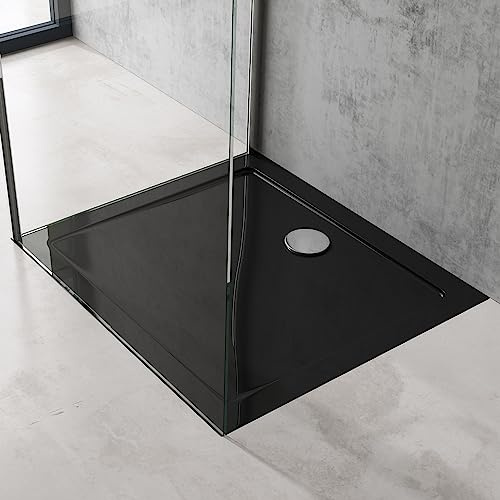 doporro Duschtasse Duschwanne 70x90x4 mit Ablaufgarnitur Acryl in Schwarz | Flache Duschwanne für bodenebene Montage mit DIN-Anschlüssen – stabil & pflegeleicht für moderne Duschen Faro2+AL01