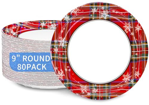 DYLIVeS Tartan Plaid with Snowflake Christmas Paper Plates, 80 Count Xmas Decorative Party Plates Checkered Disposable Holiday Dinner Plates 9 inch Xmas Supplies for Birthday Cocktail Christmas Party