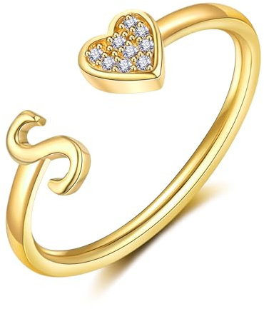FUNEIA Bague Femme Or Argent Rose Or Coeur Bague avec Initiale Lettres Enfant Fille Plaqué Or Reglable Ajustable A-Z Collier Femme Bague Fiançailles Accessoires Mode Contemporains Boîte Cadeau