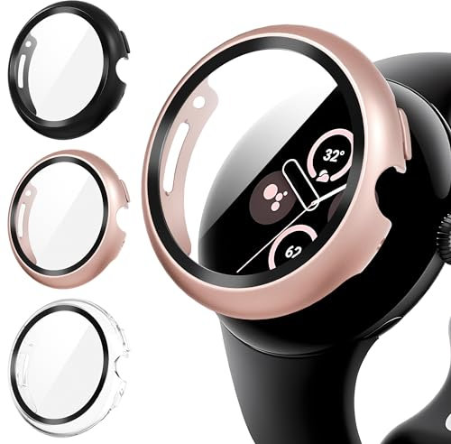 Diruite 3 Stück Hülle für Google Pixel Watch 3/2/1 41mm Schutzhülle PC Ultradünne HD Hartglas Glas Kratzfest Rundum Displayschutz Case,Schwarz&Roségold&Transparent