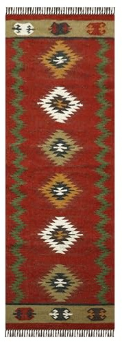 CASAVANI Läufer – Kelim Teppich, 6,6 x 20,3 cm, Rot & mehrfarbig, Wolle und geflochtener Jute-Teppich, für drinnen und draußen, Flachgewebe, für stark frequentierte Bereiche, Seehaus, Schlafzimmer,
