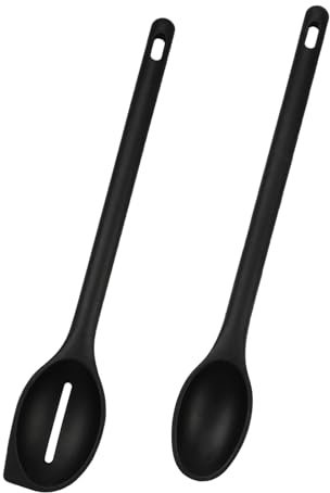 inodiref 30cm Silikon Kochlöffel Set aus 2 Schwarz Hitzebeständiger Silikon Kochlöffel Kochlöffel Silikon Silikon Mischlöffel Set BPA Frei zum Kochen Backen Schöpfen Rühren