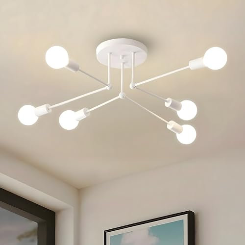 ZTWLEED Deckenlampe Vintage,6 Flammig Deckenlampe E27 Fassung Industrial Sputnik Kronleuchter Modern für Schlafzimmer Wohnzimmer Küche Hotel,Weiß (Ohne Glühbirne)