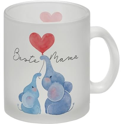 Elefant Mutter und Kind Glas Tasse mit Spruch Beste Mama Muttertagsgeschenk voller Liebe Herz-Design familiäre Tierbindung