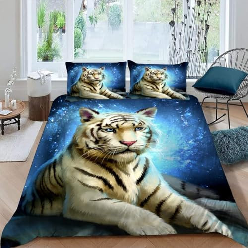 AASIRA Tiger Bettwäsche 135x200 Kinder Bettwäsche Blau Tier Weiche Mikrofaser Bettbezug mit Reißverschluss Jungen Mädchen Bettwäsche-Set 3D Motiv Bettbezüge mit 2 Kissenbezug 80x80