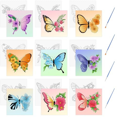 HICOHAND Vorgedruckte Leinwände 9 Stück Schmetterlings Malleinwand Ohne Rahmen Für 7.87 x 7.87 Schmetterlinge Blumenmotiv Malleinwand Mit Pinsel Für Partys Studenten Erwachsene DIY Geschenk