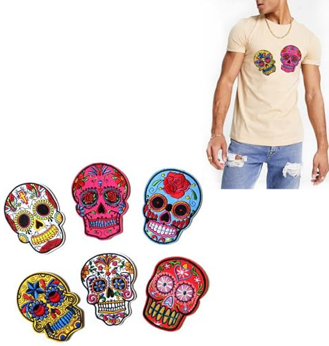 AsggBah 6 farbige Totenkopf-Aufnäher zum Aufbügeln, bestickt, Tag der Toten, zum Aufnähen, Aufkleber, Totenkopf-Motiv, Heißschmelzapplikationen für DIY-Dekoration, T-Shirts, Hoodies, Jeans, Taschen