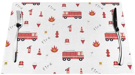 Handgezeichnetes Cartoon-Feuerwehr-Leuerwehrauto-Muster, waschbar, PVC-Tischsets, rutschfest, rechteckig, für Küche, Esstisch, Wärmedämmung, 45 x 30 cm