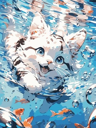 Yoonqun Schwimmende Katze Malen Nach Zahlen,30x40cm Malen Nach Zahlen Erwachsene DIY inklusive Pinsel und Acrylfarben Handgemalt Ölgemälde Kit Startseite Wandkunst Dekoration mit Rahmen