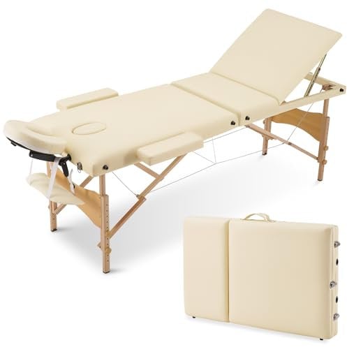 Careboda Table de Massage 3 Section Pliante Cosmetique Lit de Massage Portable, Housse de Transport et Accessoires Complets Inclus, Hauteur Réglable, pour Massage Spa Tatouage Beauté (Beige)