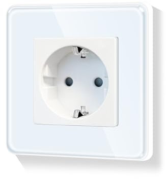 LIAONFOY Runde Schuko Einzelsteckdose mit Kindersicherung Glasrahmen Unterputz Steckdose mit Kindersicherung Weiße Wandsteckdose 110-250V 86mm