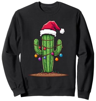 Árbol de Navidad de cactus con luces, sombrero de Papá Noel, divertido y cálido Navidad Sudadera