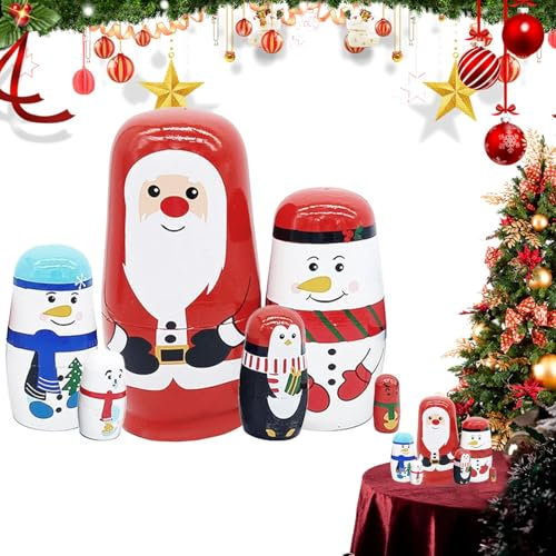 Chirstmas Russian Nesting Dolls, Wooden Handmade Nested Set Dolls, Russian Nesting Dolls Stacking Toys for Kids Christmas Birthday Home Decoration