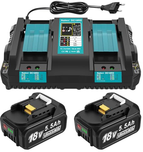 DC18RD Chargeur 18 V + 2 Batteries de Rechange 5,5 Ah Compatibles avec Batterie Makita et Chargeur, Batteries de Rechange 18 V BL1860B, BL1850B, BL1860, BL1850, BL1840