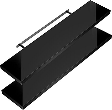 Casaria® 2X Wandregal Holz Schwarz Hängeregal mit Halterung 15kg Tragkraft Küche Wohnzimmer Flur Schweberegal Bücherregal Schwebend Hochglanz 90cm