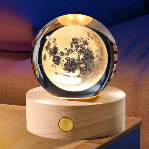 Kristallkugel Nachtlicht Astronomie Geschenk: LED Planeten Lampe mit Holzsockel, 3D Kristallkugel mit 60mm K9 Glaskugel, für Wohnzimmer Dekoration (Klar)