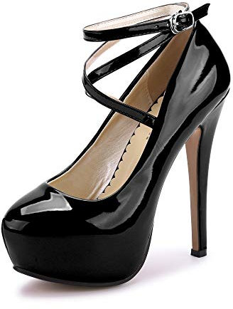 Womens Stiletto High Platform Heels Round Toe Ankle Strap Platform Pump Party Dress Heel PU Black Tag Size 44 - UK 9