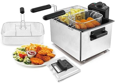 Freidora Aceite 5 Litros y 2000W de Potencia, Freidora de Aceite con 3 Cestas y 1 Tapa, Control de Temperatura de 90-190℃, Acero Inoxidable 220-240V 50Hz