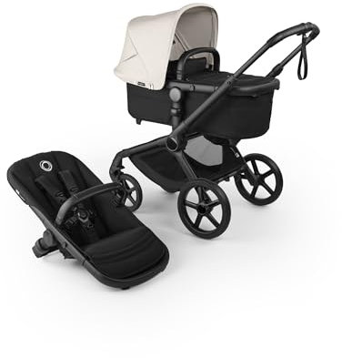 Bugaboo Fox 5 Renew, 2-in-1 Kinderwagen für jedes Gelände, mit Liegewanne und ausziehbarem Kleinkindsitz, praktische Ein-Hand Faltung, Fahrgestell in Schwarz und Sonnendach in Misty White