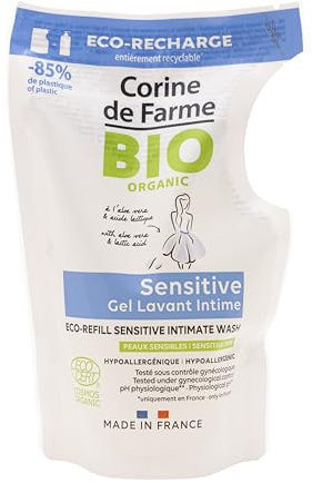 Corine de Farme, Eco-recharge Gel Lavant Sensitive Bio 250ml, Gel Douche Hypoallergénique, Sans Sulfate, Sans Parfum, Tout Type de Peau, Enrichi en Aloe Vera et Fleur d'Amandier, Fabriqué en France