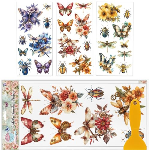 GLOBLELAND 3 Stück Steampunk Insekten Möbeltransfer 6x12 Zoll Blumen Schmetterlinge Libellen Zum Aufreiben UV Selbstklebende Aufkleber Wandkunst Basteln Für Möbel Zimmer Schreibtisch