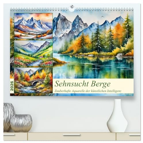 Sehnsucht Berge (hochwertiger Premium Wandkalender 2026 DIN A2 quer), Kunstdruck in Hochglanz: Wundervolle von der Künstlichen Intelligenz generierte Aquarelle (CALVENDO Natur)