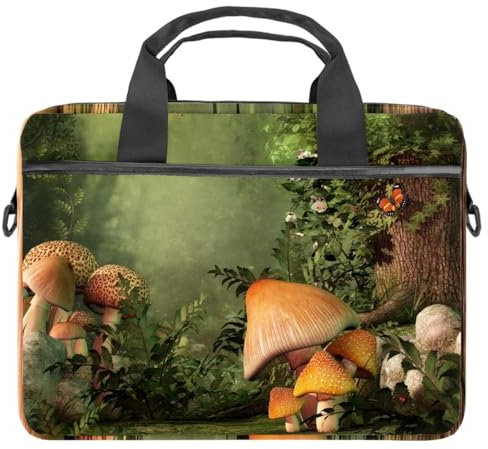 Sacoche à bandoulière pour ordinateur portable avec poignée et sangle Motif champignon dans la forêt sombre 33 et 14