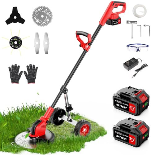 21V Cordless Grass Trimmer with 6.0Ah Battery & 4 Blades, 9 Inch Telescopic Electric Garden Strimmer with Detachable Wheels, Lightweight Battery Strimmer for Garden Lawn Trimming