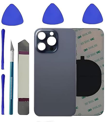 LiXiongBao Ersatz-Hinterglas für iPhone 15 Pro, Kleber + Reparaturset, Blau | Rückglas für iPhone 15 Pro in Blau. Ausgestattet mit vormontiertem Kleber und komplettem Reparaturwerkzeugset.