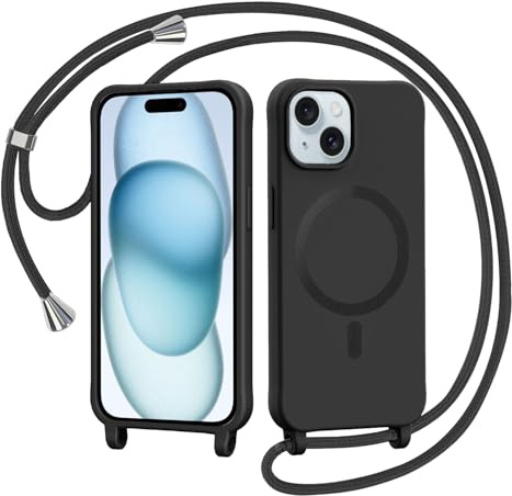 AOMYKE Handyband für iPhone 15 Hülle mit Band, Magnetisch Handyhülle kompatibel mit Magsafe zum Umhängen Schutzhülle mit Kette Kordel Weich TPU Silikon Case，Schwarz